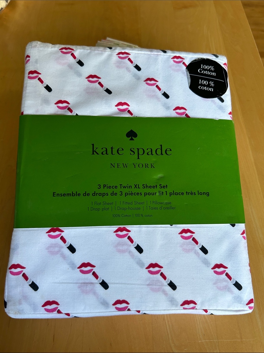 Kate Spade XL Twin Sheet Set 3 Piece 100% Cotton Lips Lipstick Kiss Pink Red NEW